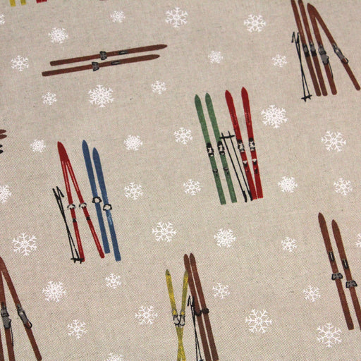 Tissu de coton façon lin aux skis multicolores & flocons de neige - Oeko-Tex - tissuspapi