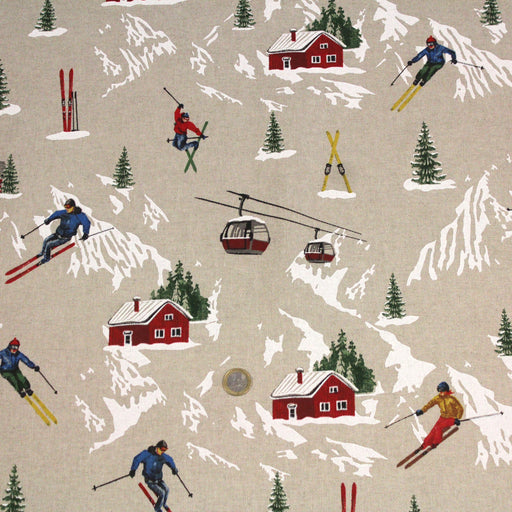Tissu de coton façon lin aux skieurs, chalets & téléphériques - Oeko-Tex - tissuspapi