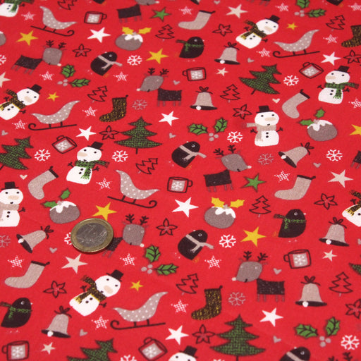 Tissu de coton de Noël aux décorations de Noël, fond rouge - Oeko-Tex - tissuspapi
