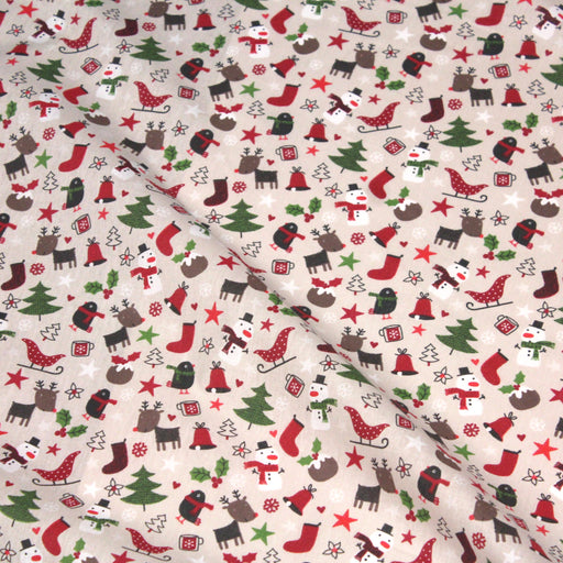 Tissu de coton de Noël aux décorations de Noël, fond couleur lin clair - Oeko-Tex - tissuspapi