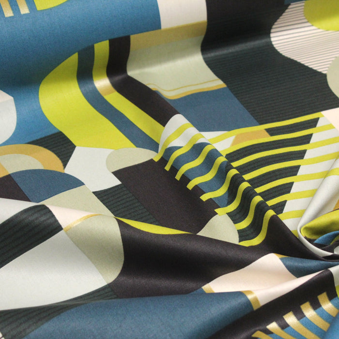 Tissu de coton demi-natté ARTY Delaunay aux formes géométriques abstraites multicolores, tons vert & or - OEKO-TEX® - tissuspapi