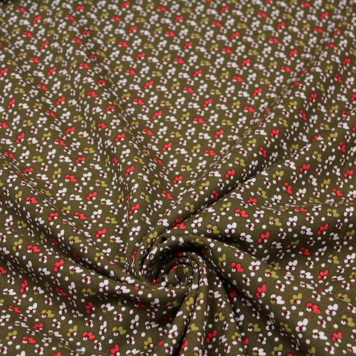 Tissu de coton aux fines fleurs & pois, fond vert kaki - OEKO-TEX®