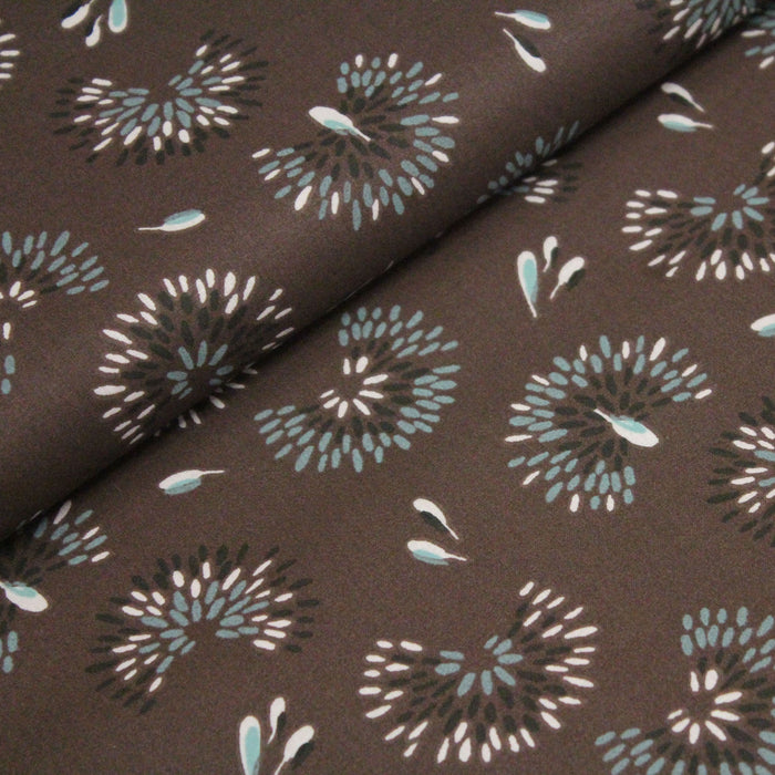 Tissu de coton aux fleurs de pissenlit, fond marron chocolat - OEKO-TEX® - tissuspapi