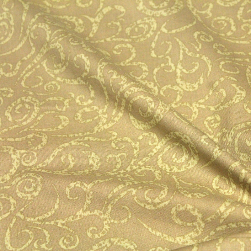 Tissu popeline de coton LOUIS aux arabesques, tons cappuccino - TissusPapi.com