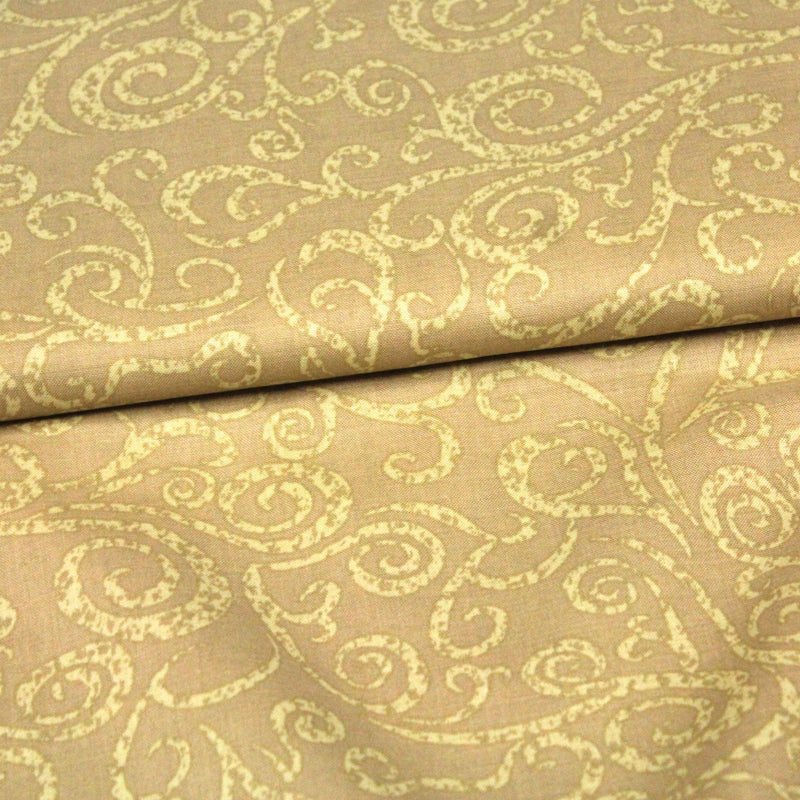 Tissu popeline de coton LOUIS aux arabesques, tons cappuccino - TissusPapi.com