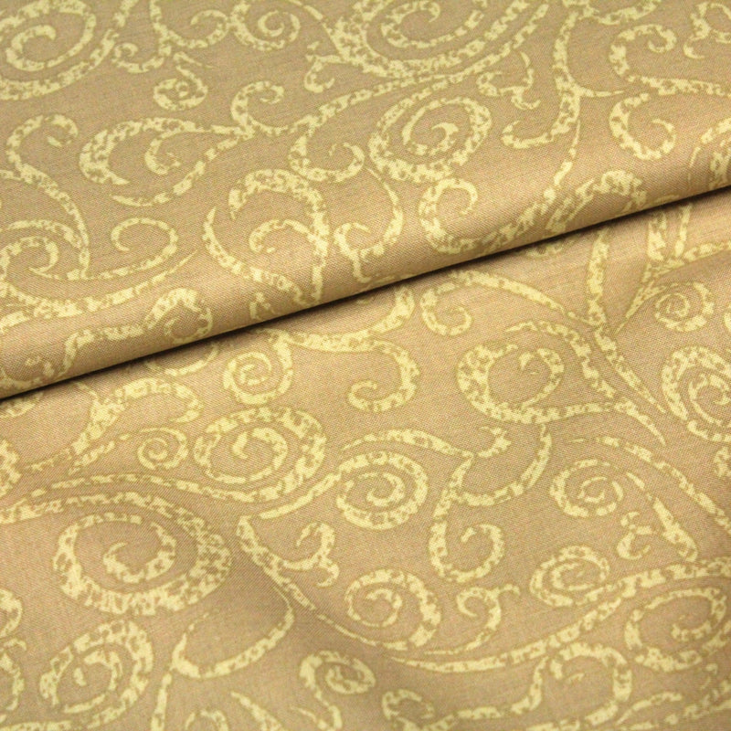 Tissu popeline de coton LOUIS aux arabesques, tons cappuccino - TissusPapi.com