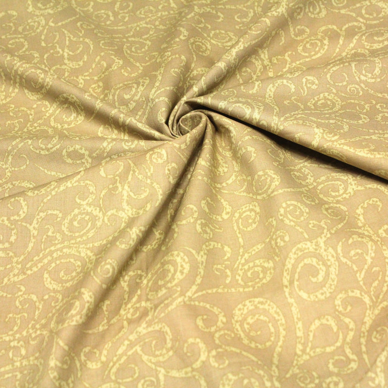 Tissu popeline de coton LOUIS aux arabesques, tons cappuccino - TissusPapi.com
