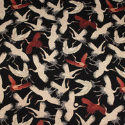 Tissu jacquard motif traditionnel japonais des grues tsuru écrues & rouges, fond noir - Oeko - Tex - TissusPapi.com