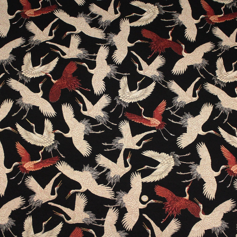 Tissu jacquard motif traditionnel japonais des grues tsuru écrues & rouges, fond noir - Oeko - Tex - TissusPapi.com