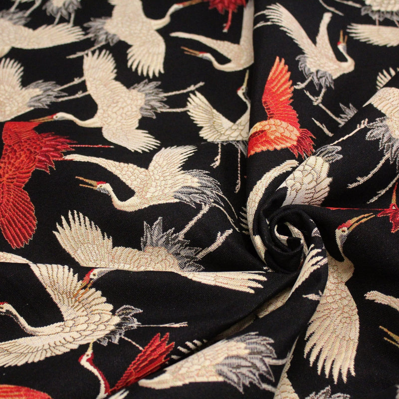 Tissu jacquard motif traditionnel japonais des grues tsuru écrues & rouges, fond noir - Oeko - Tex - TissusPapi.com