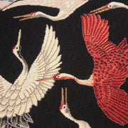 Tissu jacquard motif traditionnel japonais des grues tsuru écrues & rouges, fond noir - Oeko - Tex - TissusPapi.com