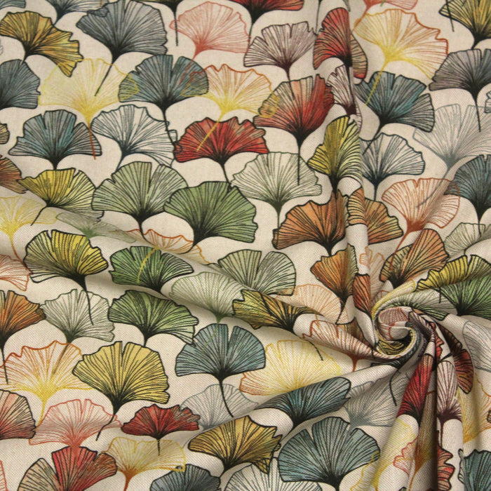 Tissu de coton façon lin motif traditionnel japonais aux feuilles de ginkgo multicolores sur fond lin - Oeko-Tex - tissuspapi