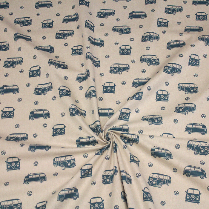 Tissu de coton façon lin Combi Volkswagen & logo VW bleus - Oeko-Tex - tissuspapi