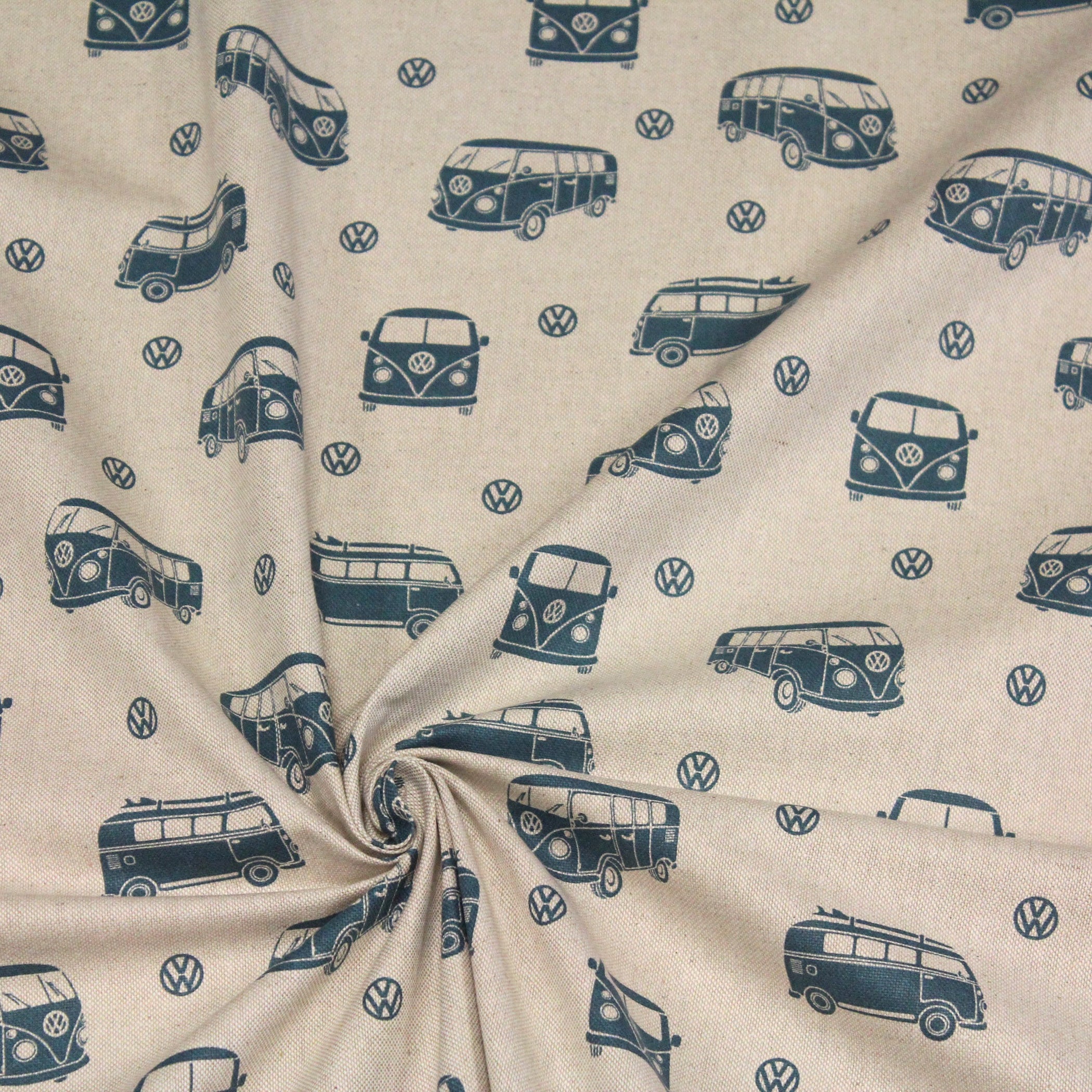 Tissu de coton façon lin Combi Volkswagen & logo VW bleus OekoTex