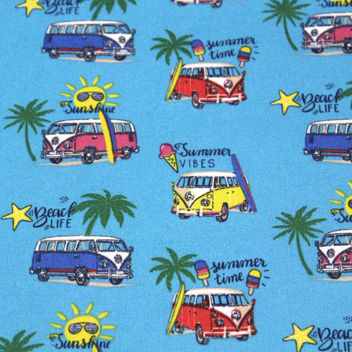 Tissu de coton Volkswagen Combi, surf et palmiers, fond bleu turquoise - Oeko-Tex - tissuspapi