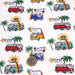 Tissu de coton Volkswagen Combi, surf et palmiers, fond blanc - Oeko-Tex - tissuspapi