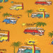 Tissu de coton Volkswagen Combi, surf et palmiers, fond jaune safran - Oeko-Tex - tissuspapi