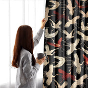 Tissu jacquard motif traditionnel japonais des grues tsuru écrues & rouges, fond noir - Oeko - Tex - TissusPapi.com