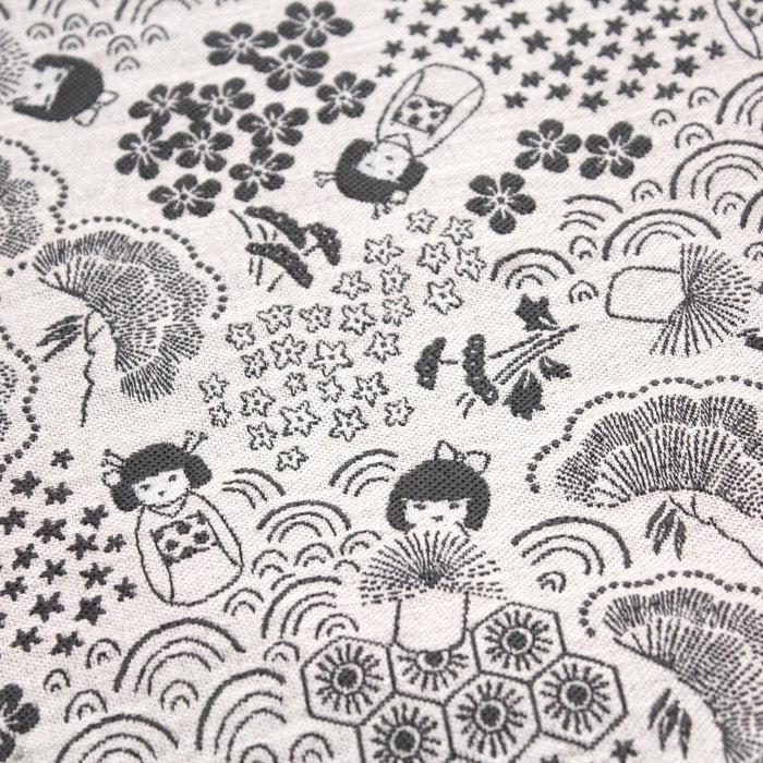 Tissu jacquard motif traditionnel japonais Kokeshi & Sakura, écru & gris - Fabriqué en France - Oeko-Tex