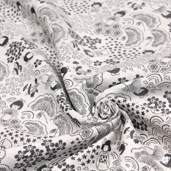Tissu jacquard motif traditionnel japonais Kokeshi & Sakura, écru & gris - Fabriqué en France - Oeko-Tex