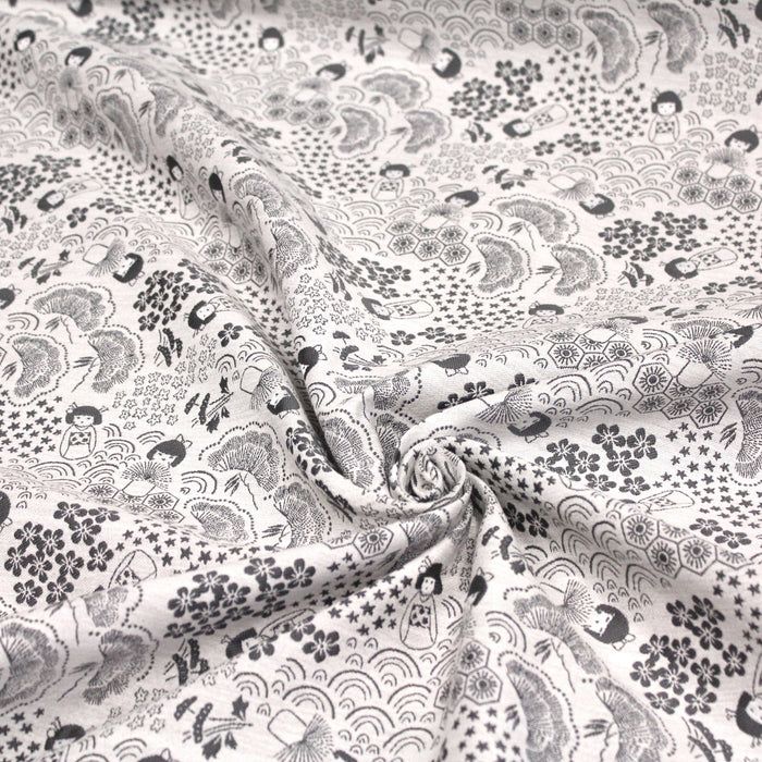 Tissu jacquard motif traditionnel japonais Kokeshi & Sakura, écru & gris - Fabriqué en France - Oeko-Tex - tissuspapi
