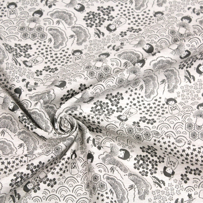 Tissu jacquard motif traditionnel japonais Kokeshi & Sakura, écru & gris - Fabriqué en France - Oeko-Tex - tissuspapi
