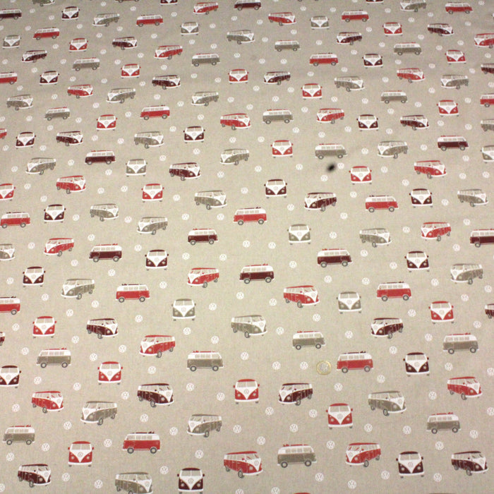 Tissu de coton façon lin Combi Volkswagen rouges & logo VW - Oeko-Tex
