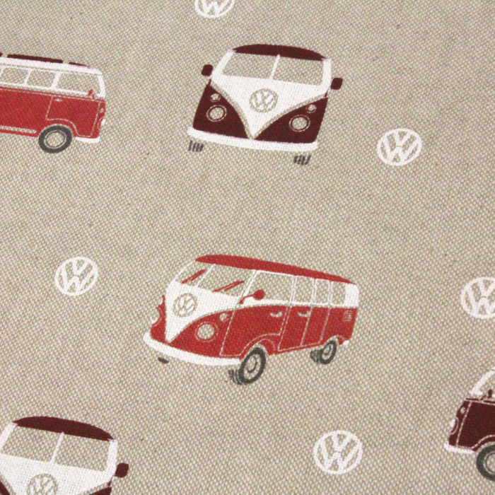 Tissu de coton façon lin Combi Volkswagen rouges & logo VW - Oeko-Tex