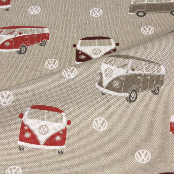 Tissu de coton façon lin Combi Volkswagen rouges & logo VW - Oeko-Tex - tissuspapi