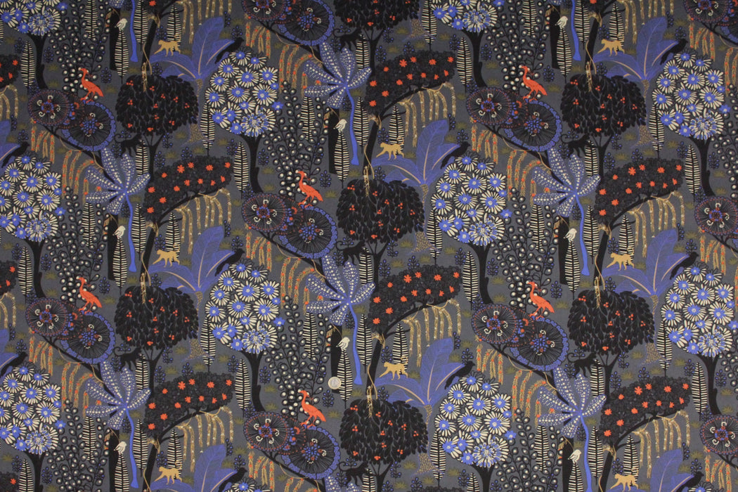 Tissu de coton demi natté AMAZONIA forêt tropicale luxuriante noire & bleue, fond gris ardoise - Oeko-Tex