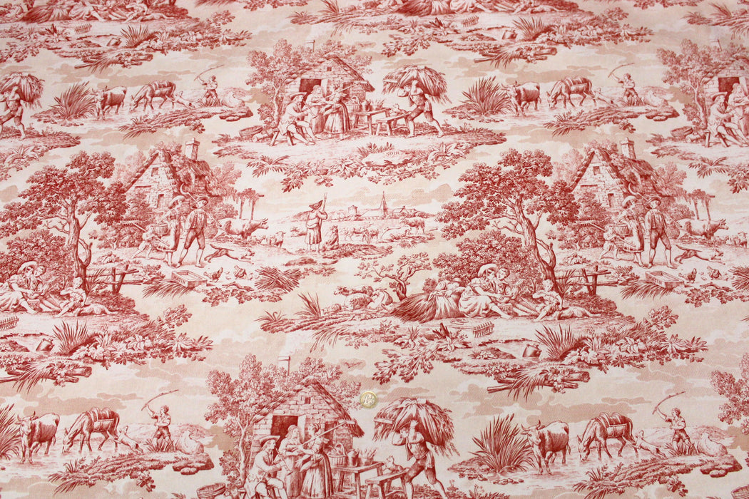 Tissu de coton demi-natté toile de Jouy, grande largeur 280cm, fond écru & motif rouge - Matin Midi Soir - Oeko-Tex