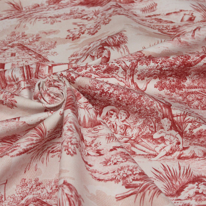 Tissu de coton demi-natté toile de Jouy, grande largeur 280cm, fond écru & motif rouge - Matin Midi Soir - Oeko-Tex - tissuspapi
