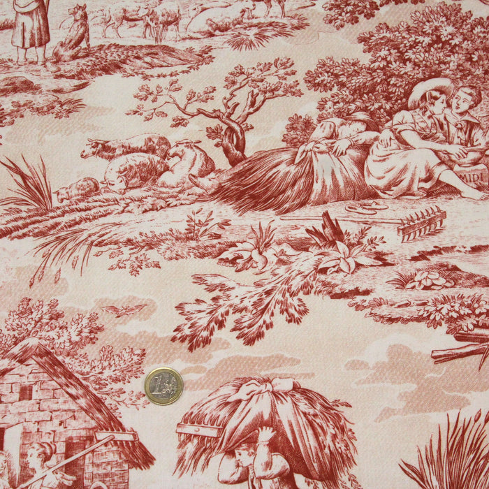 Tissu de coton demi-natté toile de Jouy, grande largeur 280cm, fond écru & motif rouge - Matin Midi Soir - Oeko-Tex - tissuspapi