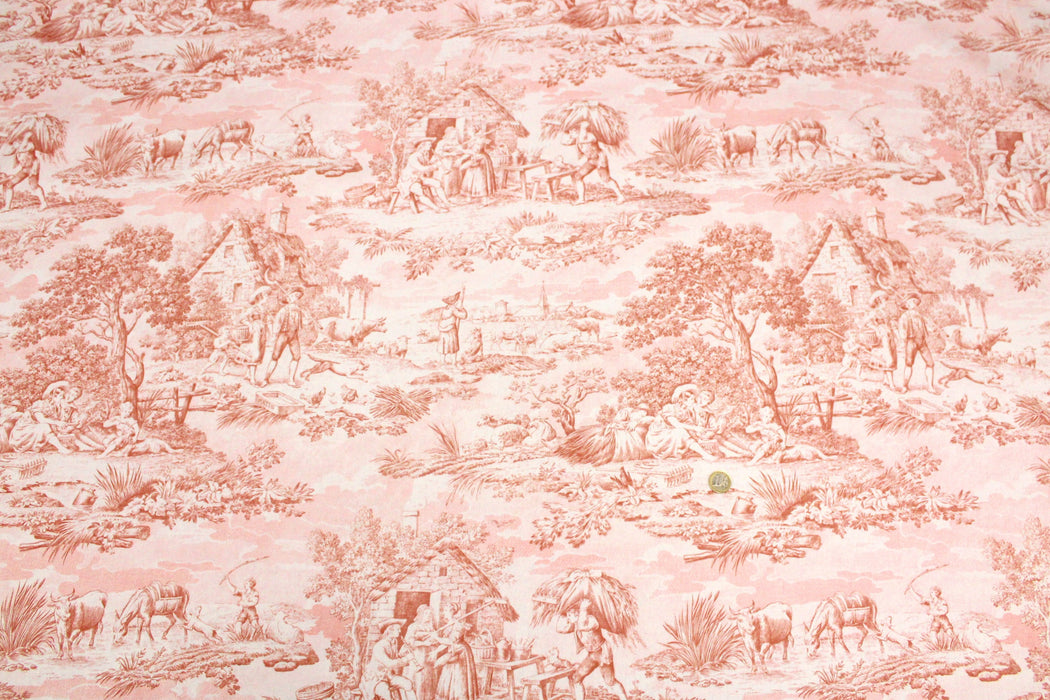 Tissu de coton demi-natté toile de Jouy, grande largeur 280cm, fond écru & motif rose - Matin Midi Soir - Oeko-Tex