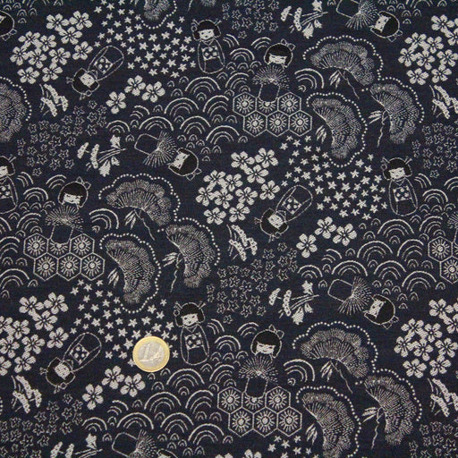 Tissu jacquard motif traditionnel japonais Kokeshi & Sakura, bleu nuit & écru - Oeko-Tex - tissuspapi
