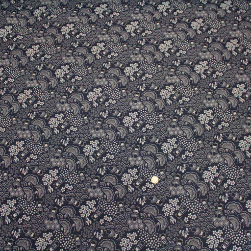 Tissu jacquard motif traditionnel japonais Kokeshi & Sakura, bleu nuit & écru - Oeko-Tex - tissuspapi