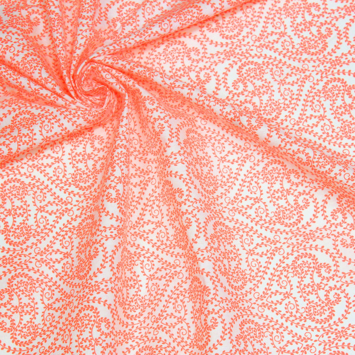 Tissu de coton faux uni motif cachemire corail fluo & blanc - tissuspapi