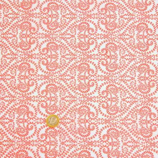 Tissu de coton faux uni motif cachemire orange fluo et blanc