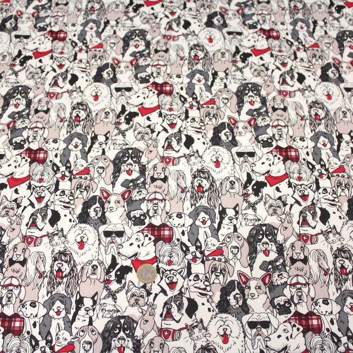 Tissu de coton Les chiens élégants, tons rouge, noir & blanc - Oeko-Tex - tissuspapi