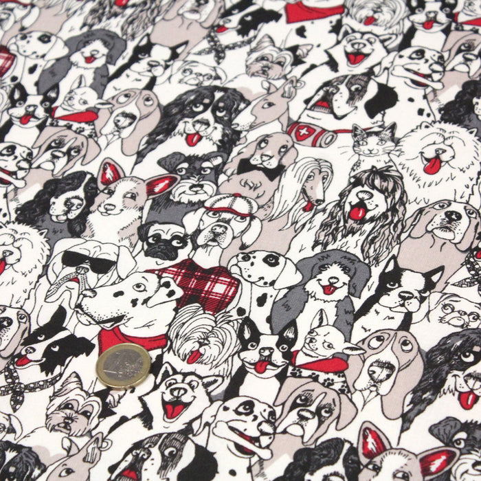 Tissu de coton Les chiens élégants, tons rouge, noir & blanc - Oeko-Tex - tissuspapi