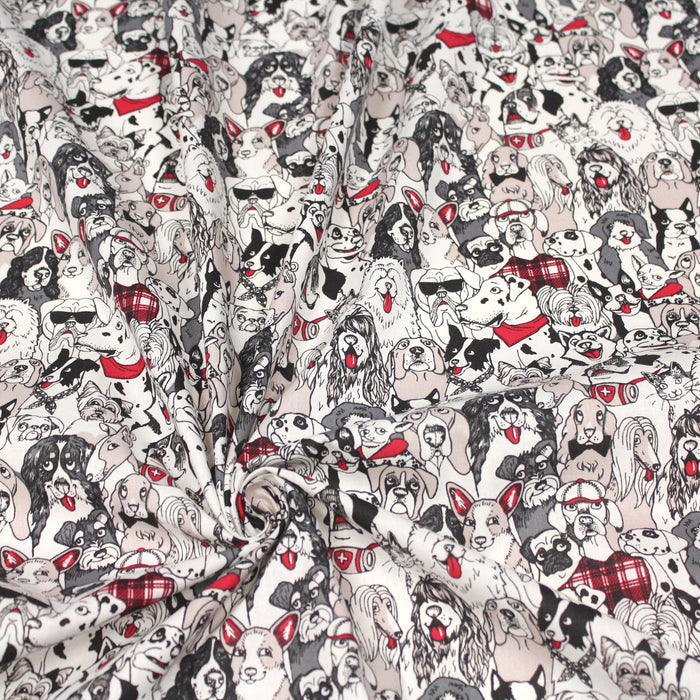 Tissu de coton Les chiens élégants, tons rouge, noir & blanc - Oeko-Tex