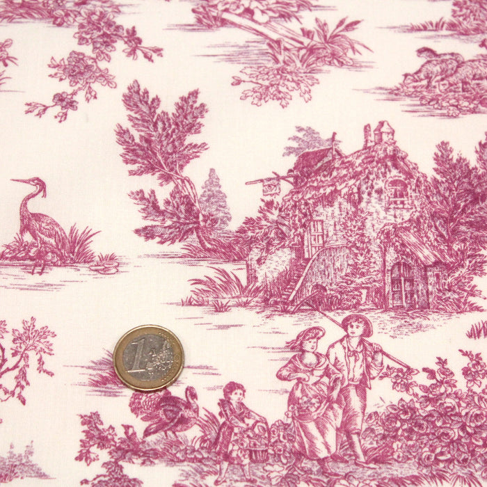Tissu de coton toile de Jouy traditionnelle, grande largeur 280cm, fond écru & motif rose fuchsia - Oeko-Tex