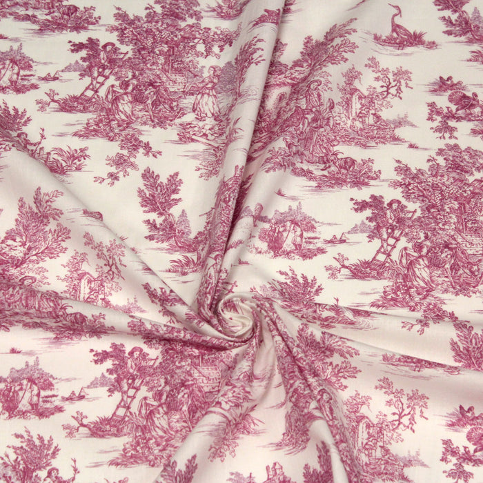 Tissu de coton toile de Jouy traditionnelle, grande largeur 280cm, fond écru & motif rose fuchsia - Oeko-Tex - tissuspapi
