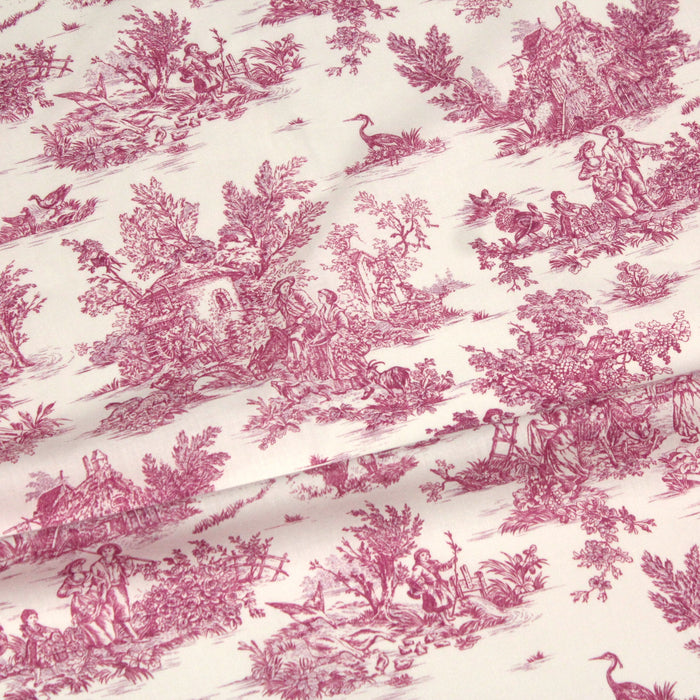 Tissu de coton toile de Jouy traditionnelle, grande largeur 280cm, fond écru & motif rose fuchsia - Oeko-Tex - tissuspapi
