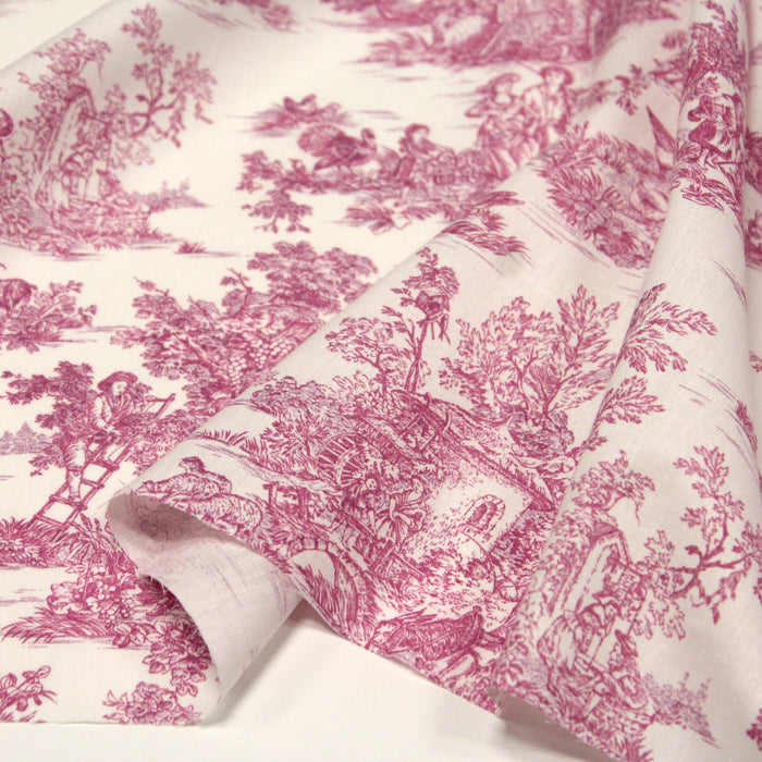 Tissu de coton toile de Jouy traditionnelle, grande largeur 280cm, fond écru & motif rose fuchsia - Oeko-Tex