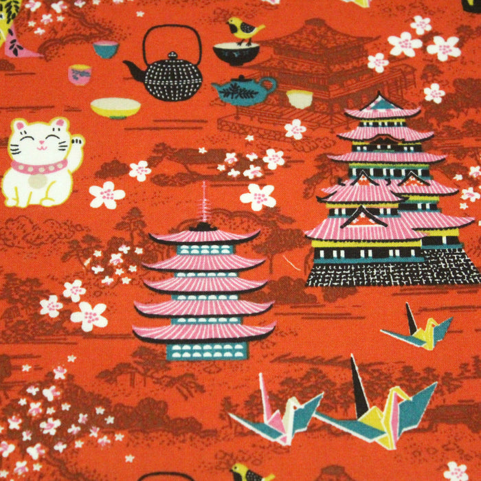 Tissu NAGANO aux motifs traditionnels japonais, fond orange rouille