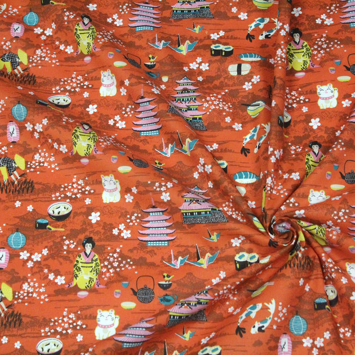 Tissu NAGANO aux motifs japonais, fond orange rouille - Oeko-Tex