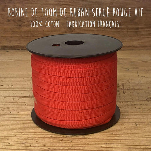 Ruban sergé de coton rouge vif 10mm - Galette de 100 mètres - Fabrication française - tissuspapi