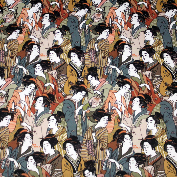 Tissu gabardine de coton LUXE / sergé de coton au motif japonais de Geisha, tons noir & ocre - 280gr/m2