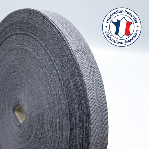 Ruban sergé de coton gris 14mm - Galette de 50 mètres - Fabrication française - tissuspapi